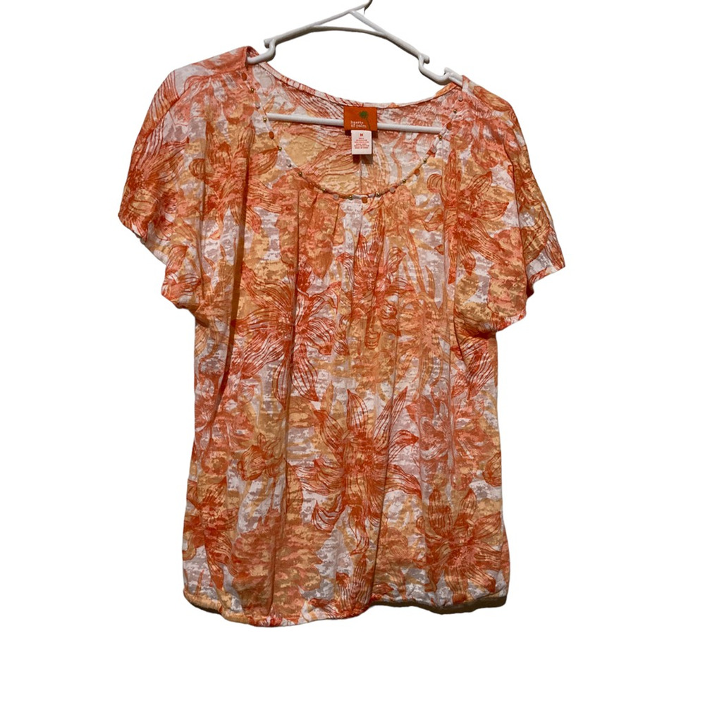 Hearts‎ Of Palm Womens Blouse Orange Floral Short Sleeve Inner Tank Boho M
